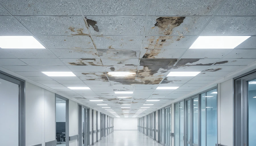 empty office corridor with water damage ceiling tiles