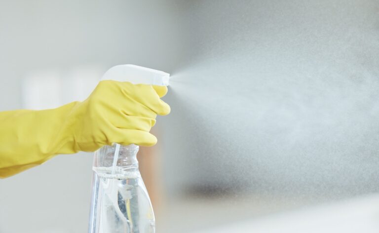 Spray, bottle and hands with product for cleaning, chemical disinfection or janitor working closeup. Detergent, sanitizer and cleaner with liquid in container to wash and dust apartment or home