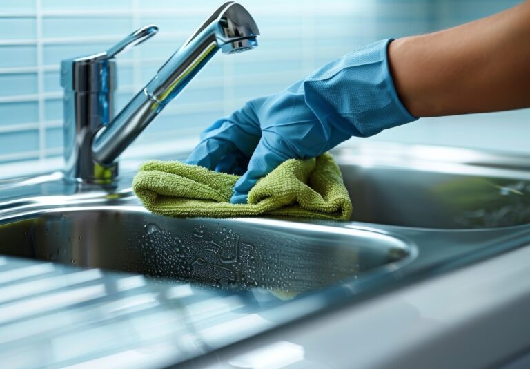 Close-up of hand cleaning kitchen sink