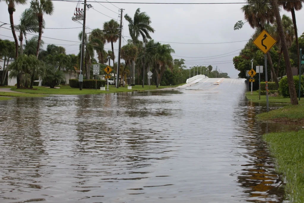 A street covered with storm surge by Hurricane Idalia in Patrician Point, a neighborhood in Tampa, Florida