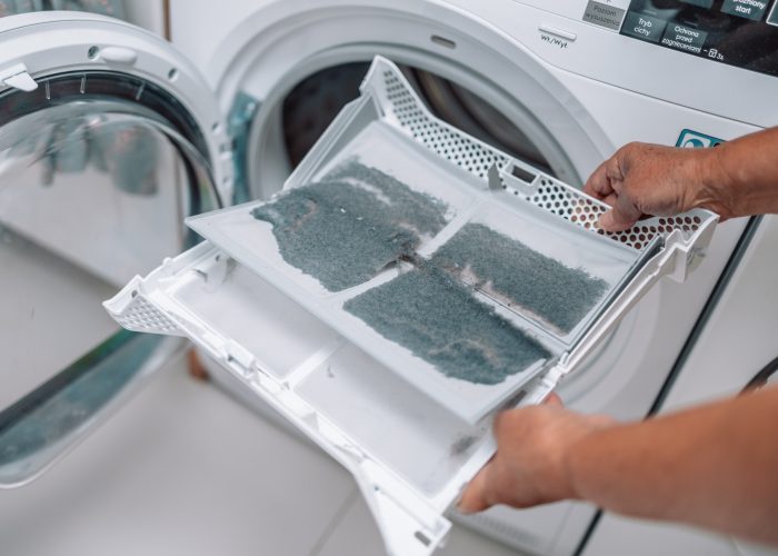 Dust and dirt trapped by the clothes dryer filter.